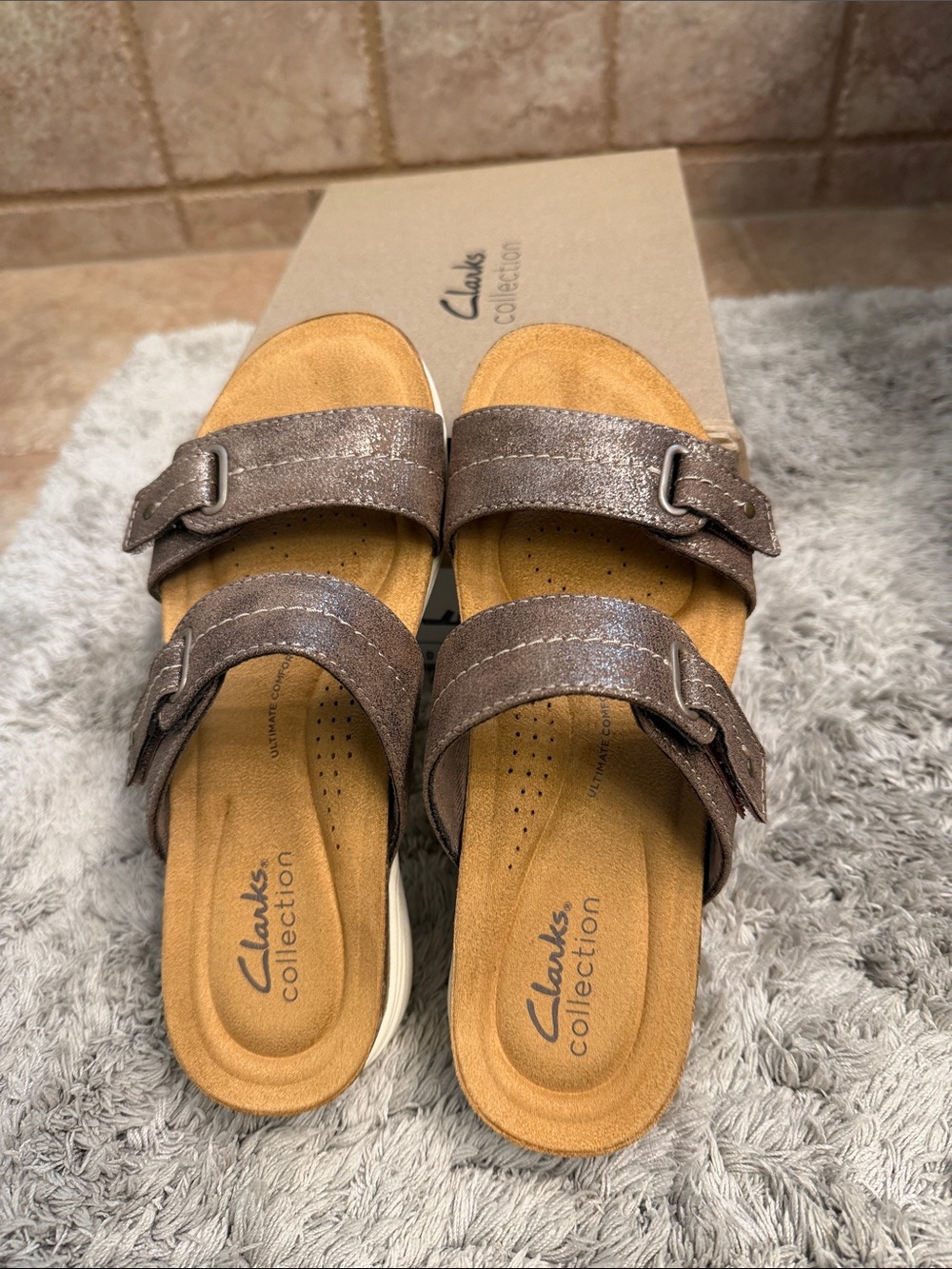 Clarks Women's Metallic Brown Double-Buckle Slide Sandals